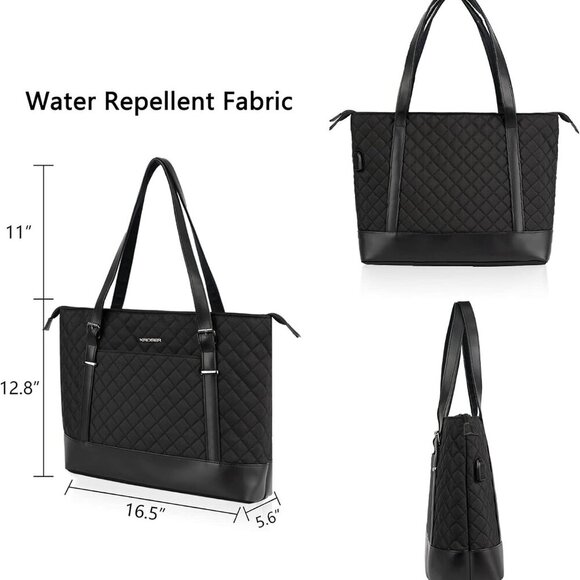KROSER Quilted Laptop Tote Bag 15.6” | USB Port | Water-Resistant | Black | NWT - Picture 6 of 11